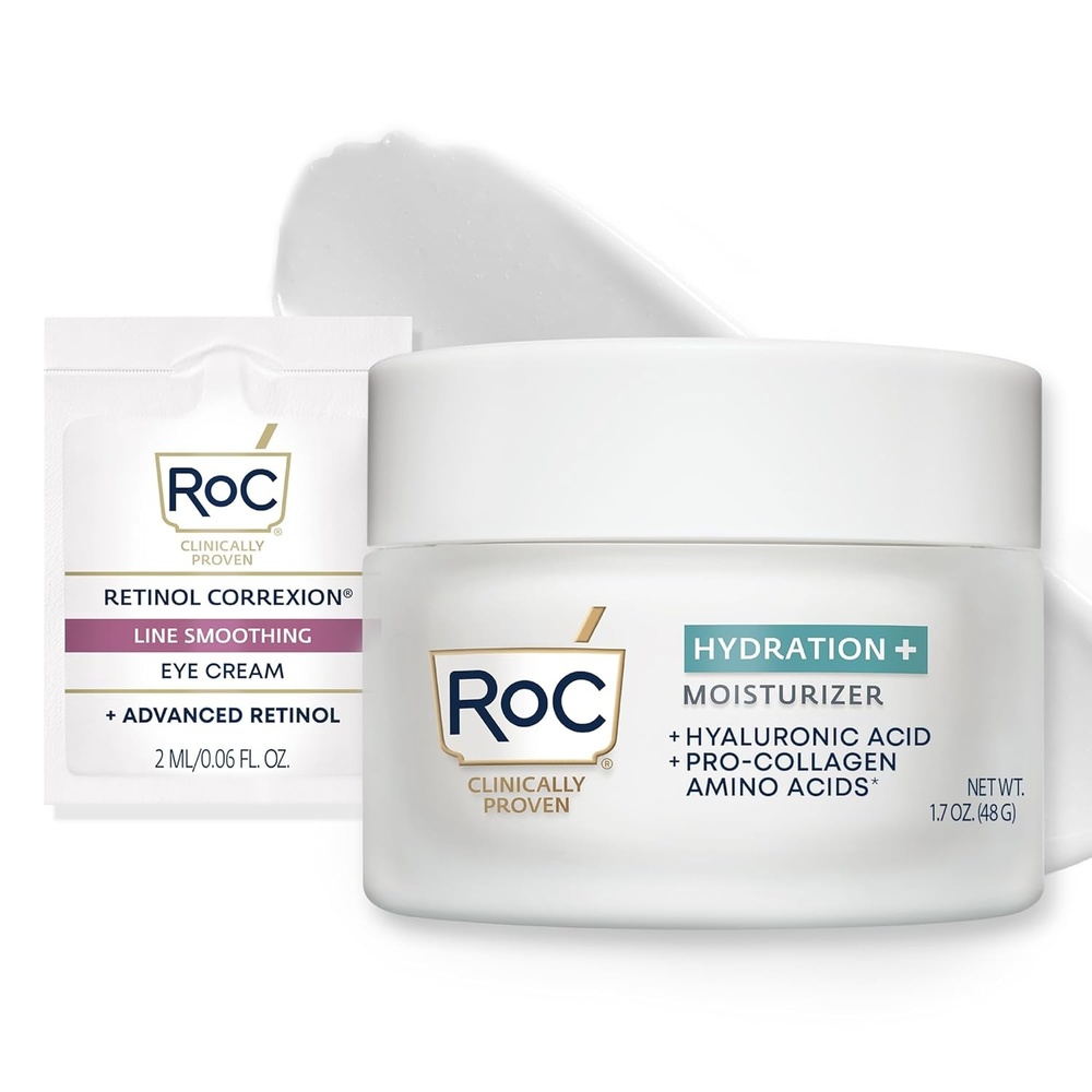 image:imageRoC Hydration Hyaluronic Acid Moisturizer Face Cream Fragrance Free Sensitive Face Moisturizer with Collagen Proteins 17 Ounces with Retinol Eye Cream PacketteHydration Moisturizer